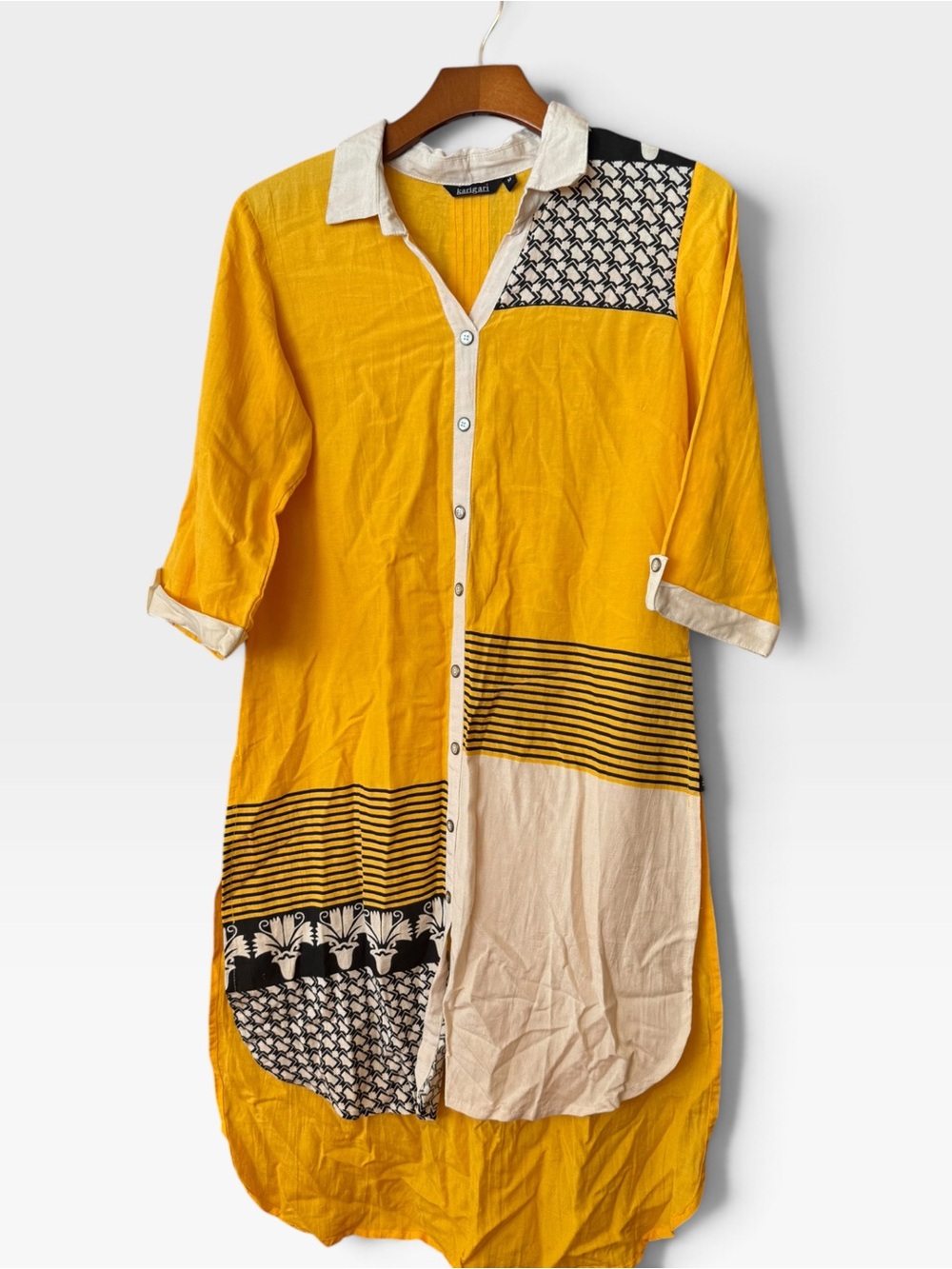 Karigari Yellow Colorblock Tunic Shirt Dress Boho Kurta 3/4 Sleeve
